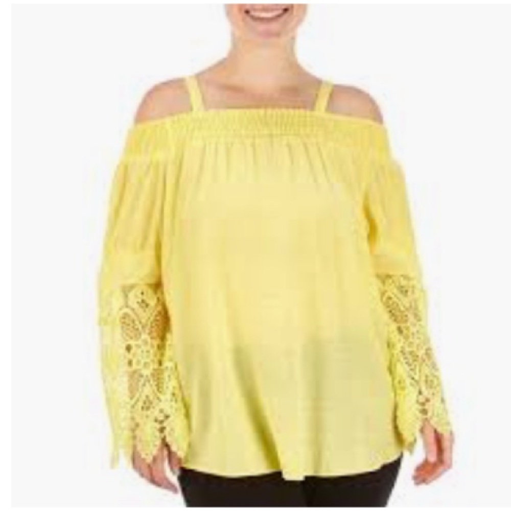 Smocked Cold Shoulder Top with Lace Bell Sleeves